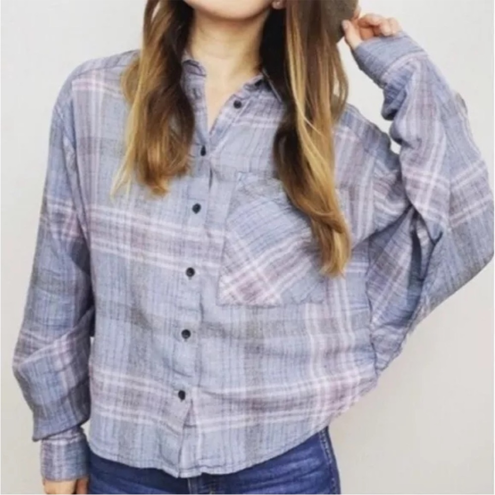 FREE PEOPLE Plaid Blue & Purple Dolman Cropped Button-Down Long-Sleeve jacket